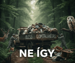 Kép, ami az illegális lomtalanítás veszélyeire hívja fel a figyelmet. Rabruhás férfiak egy túlpakolt teherautóról szemetet borítanak az erdőbe, "OLCSÓ LOMTALANÍTÁS" felirattal. Állatok (szarvas, róka, bagoly) figyelik a pusztítást. A kép alján "NE ÍGY" felirat. Környezetszennyezés és felelőtlen hulladéklerakás.