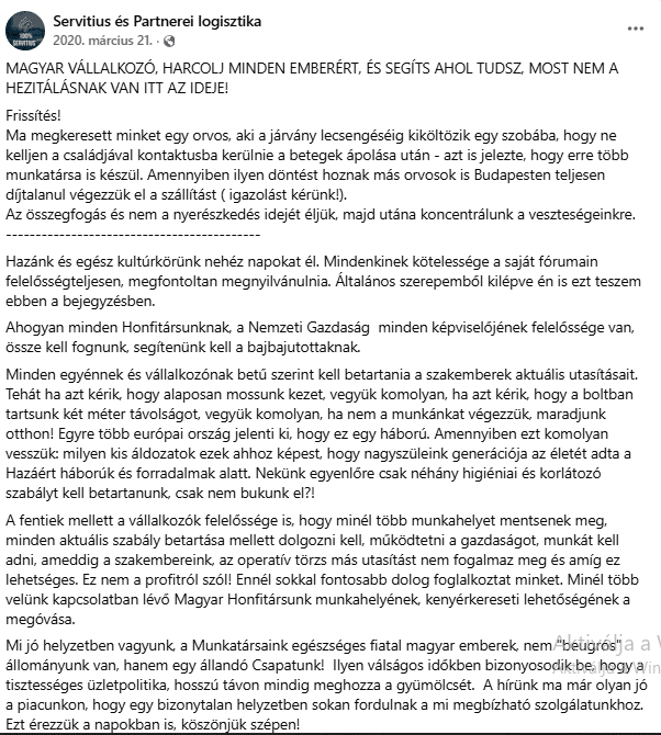 Servitius felhívás a magyar költöztető és logisztikai vállalkozókhoz a Covid idején