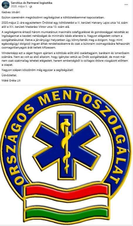 Díjmentes költöztetés egészségügyi dolgozóknak - OMSZ mentős köszönőlevél