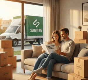 Egy boldog pár nyugodtan olvas a kanapén egy "Költöztetési Útmutatót" az új budapesti otthonukban, miközben a háttérben az ablakon keresztül látszik a Servitius Transport feliratos teherautó.