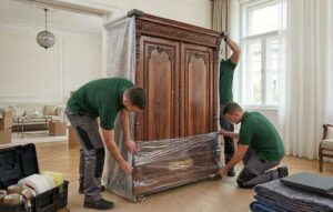Három Servitius költöztető szakember professzionális csomagolóanyagokkal (védőfóliával és élvédőkkel) biztosít egy nagy értékű, egyedi gyártású (Ébenfa) bútort a sérülésmentes szállítás érdekében.