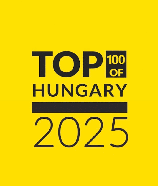 A TOP 100 OF HUNGARY 2025 (Magyarország Top 100 Cége) elismerés hivatalos díj logója sárga háttérrel, a minőségi költöztetés elismeréseként. A fekete szöveg tartalmazza a rangsort és az évszámot (2025).